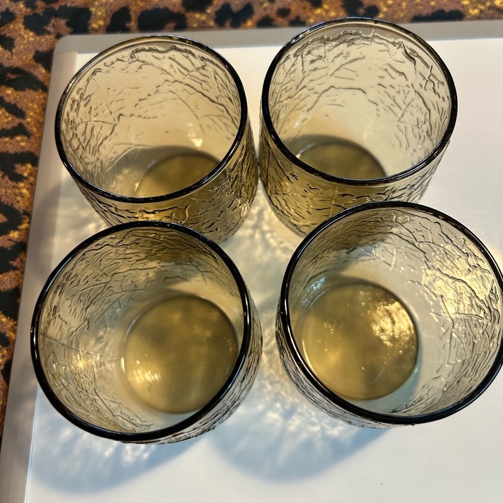 Vtg Anchor Hocking 4 Glasses spicy brown textured leaf embossed design - Picture 2 of 10